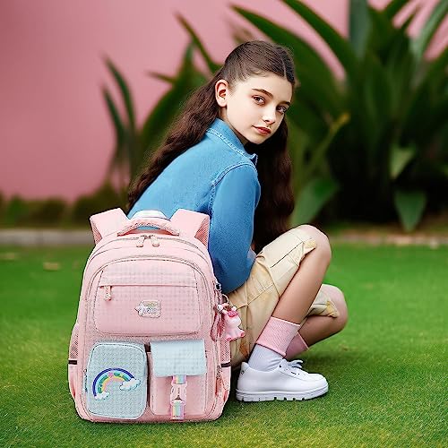 Azonee Backpack for Girls, Wide Open Elementary Primary Middle School Bags with Many Compartments, Safety Reflective Strip, Waterproof, Large Capacity, for Kids, Teens, Pink