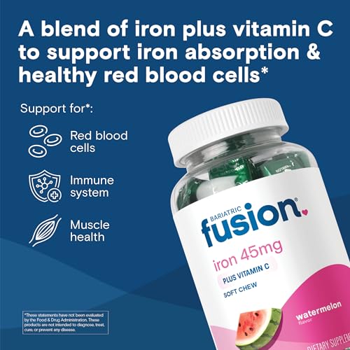 Bariatric Fusion Iron Soft Chew with Vitamin C | Watermelon Flavored | Iron Supplement Chewy Vitamin for Bariatric Patients Including Gastric Bypass and Sleeve Gastrectomy | 60 Count | 2 Month Supply
