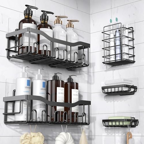 ZHUHAIRY 5 Pack Black Bathroom Organizer, Modern Stainless Steel Shower Wall Caddy, Corner Shelves for Shower Bathroom Storage, 20 KG Weight Capacity