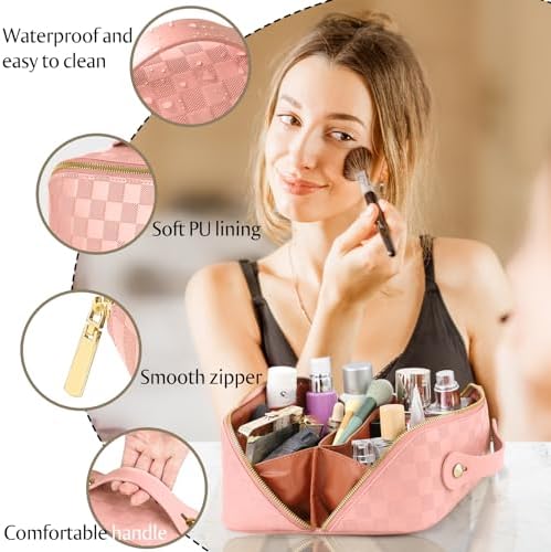 ALEXTINA Large Capacity Travel Cosmetic Bag - Portable Makeup Bags for Women Waterproof PU Leather Checkered Makeup Organizer Bag with Dividers and Handle,Toiletry Bag for Cosmetics, pink