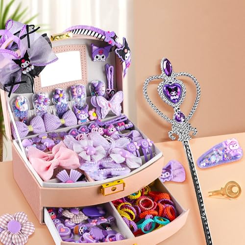 Hair Accessories for Girls, Purple Kuromi Hair Accessories Set including Hair Clips, Hair Ties, Hair Barrettes and Bows with Storage Box, Hair Accessories Gift Box for Kids Age 3-10 (KLM-03)