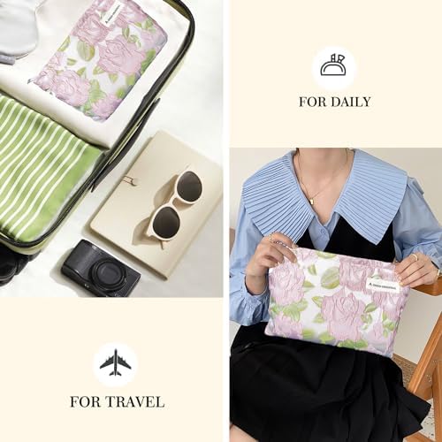 STARDW Flower Cosmetic Bags Makeup Bags for Women and Girls,Travel Makeup Bag Large Capacity Canvas Makeup Bag,Makeup Organizer Bag Zipper Pouch, Embossed pink, Large Capacity Aesthetic Makeup Bags