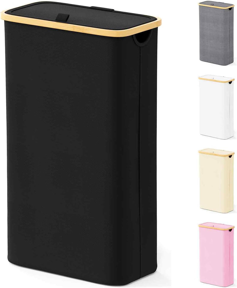 SpaceAid Slim Laundry Hamper with Lid, 65L Narrow Clothes Basket Bin with Bamboo Handles, Skinny Tall Collapsible Hamper for Bedroom, Bathroom, Dorm, Laundry Room - Black - 65 L Slim Black