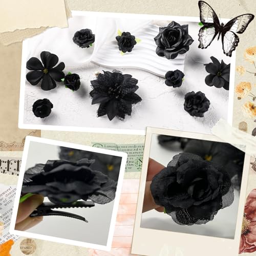 Tazweeq 21 Pcs Flower Hair Clip, Artificial Flower Alligator Clips, Womens Girls Bridal Handmade Artificial Dark Rose Floral Barrettes Hair Clips, Black Hair Accessories (Black)