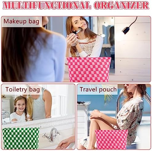 ZLFSRQ 3Pcs Checkered Makeup Bag for Women Large Cosmetic Bag Set Travel Toiletry Bag Makeup Pouch Bag for Purse Pink Zipper Storage Bag Organizer Cute Small Aesthetic Girls Car Essentials Bag