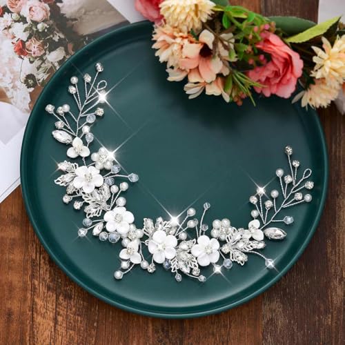 Vakkery Flower Wedding Hair Vine Silver Bride Headband Crystal Bridal Hair Accessories for Women and Girls