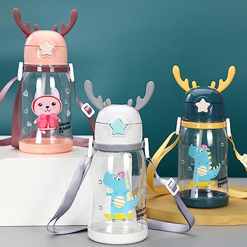 BAVIEN Cartoon Water Bottle Kids, 600ml Cute Animal Water Cup for Girls, Leak-Proof Water Bottle with Straw and Chug Lids, Perfect for School, Sports, and Outdoors (White)