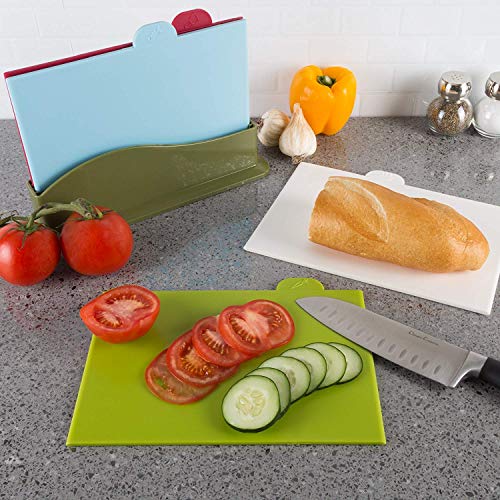 BonShine Cutting Board Set of 4, Plastic Non-slip Chopping Board with Stand, Color Coded Durable Boards with Icons for Food Safety in Space Saving Storage Case