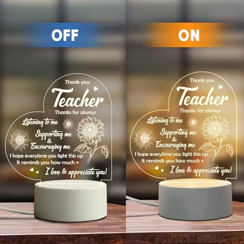 Joyzzz Engraved Night Light, LED Acrylic Night Light for Teacher with Creative Blessing, Low Power USB Teacher Appreciation Gifts with Button Control, Thank You Gifts for Teachers from Student