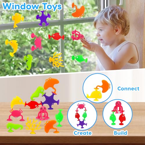 Toddler Suction Cup Bath Toys, Ocean Animal Bath Toys for Kids Ages 1-3 4-8 No Hole Mold Free Bathtub Toys for Toddlers 2-4 3-5 Kids Travel Window Building Toys for 2 3 4 5 Year Old Boys Girls Gifts