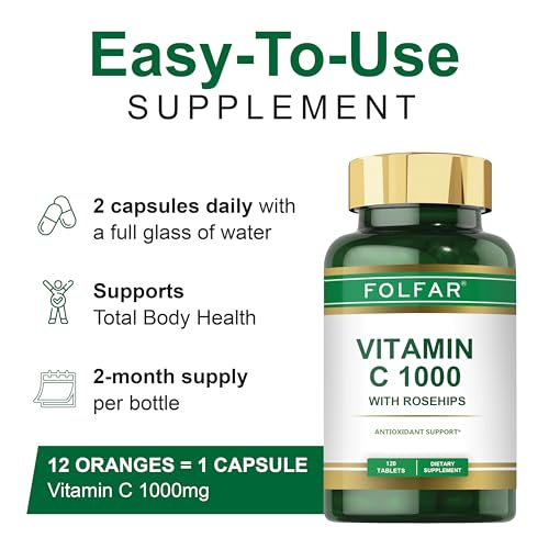 Folfar Vitamin C - 1000mg (120 Tablets) With Rose Hips| Antioxidant Protection, Boost Immune System & Supports Healthy Skin| 120 Daysâ€™Supply Ascorbic Acid Supplement | Non- GMO, Gluten Free