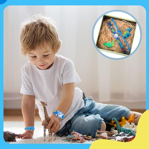NAWOKEENY 4Pack Dinosaur Watch Set, Including Dinosaur Boys Watch Dinosaur Keyring Keychains Dinosaur Bracelets Party Bag Fillers for Kids Dinosaur Gifts for Birthday Party Gift Supplies