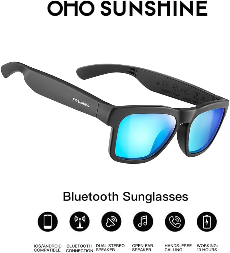 OhO sunshine OhO Bluetooth Sunglasses,Voice Control and Open Ear Style Smart Glasses Listen Music and Calls with Volume UP and Down,Bluetooth 5.0 Audio Glasses and IP44 Waterproof, unisex-adult