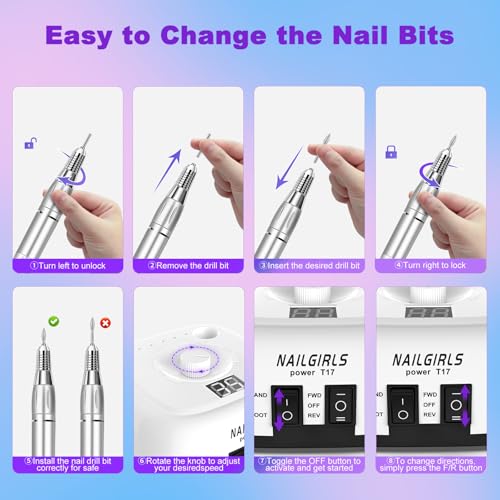 NAILGIRLS Electric Nail Drill, 11 in 1 Nail Drill Set Electric Nail Files Professional 35000RPM Acrylic Nails Gel Nails Manicure Pedicure Polishing Machine for Home and Salon Use with Foot Pedal,White