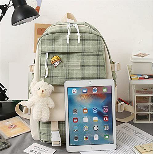 XTRANSF Kawaii Backpack 5pcs Set Aesthetic School Bags, Japanese Backpack with Badge & Pendant, Backpack Cute Aesthetic (C-Green)