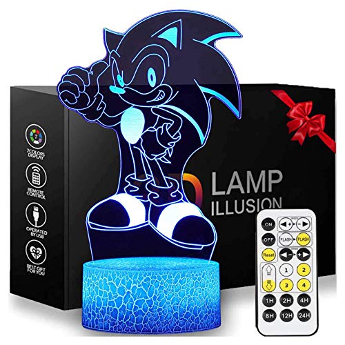 QIKI 3D Illusion Sonic The Hedgehog Night Light, Anime Table Lamp with Remote Control & Smart Touch & Timer,Kids Bedroom Decoration, Birthday for Age 2 3 4 5 6 7+ Year Old Kids Gifts (Sonic)