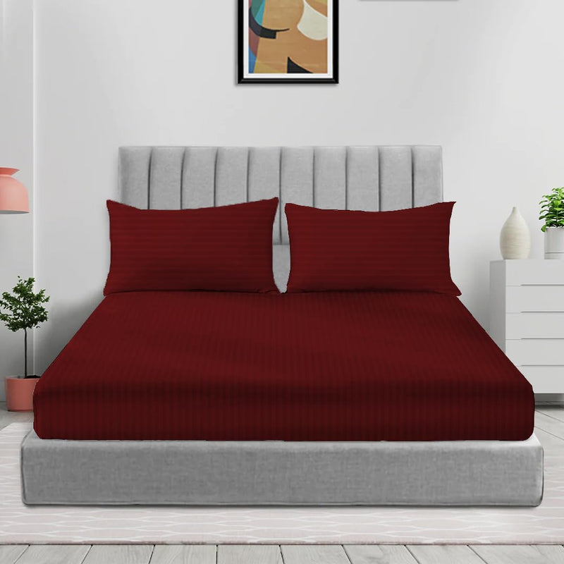 Sleep Well Microfiber Stripe Fitted Sheet with Pillowcase Set - 90x200+17cm (Beige) - Maroon 180x200+17cm
