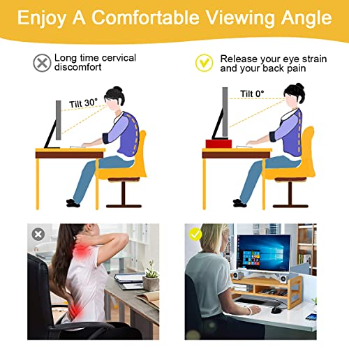 Cestbella Monitor Stand Riser 2 Tier Computer Monitor Stand Bamboo Desktop Stand with Storage Organizer PC Laptop TV Printer Monitor Stand Adjustable Height for Office and Home Use 51x17x15cm