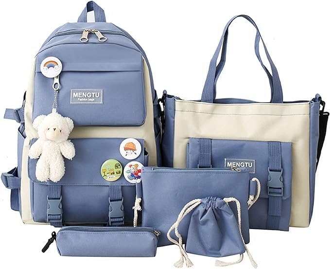 GGEROU Kids Backpack set 5Pcs Aesthetic School Bags,Aesthetic Backpack Cute Kawaii School Bag with Pendant Lunch Bag,Pencil Case,Handbag,Coin Purse