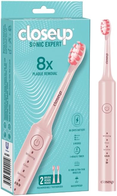 closeup Sonic Expert Pink Rechargeable Toothbrush, Waterproof, with 8x Plaque Removal Power, Whitens and Cleans, Suitable for Sensitive Teeth, 1pack