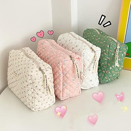 Juoxeepy Cotton Makeup Bag Large Travel Cosmetic Bag Quilted Cosmetic Pouch Coquette Aesthetic Floral Toiletry Bag, A-White, 10x5.9x5.3in