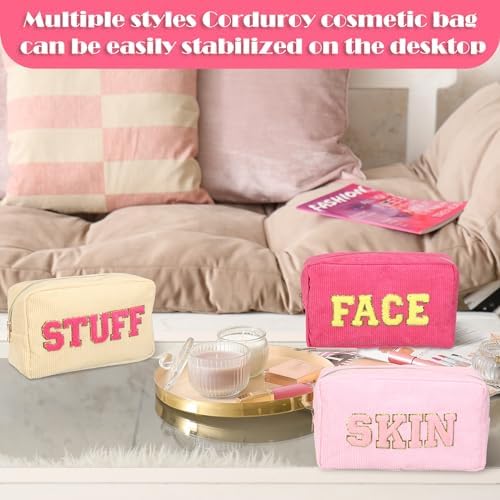 Pinkunn 4 Pcs Preppy Makeup Bags Christmas Chenille Letter Bag Face Skin Hair Stuff Cosmetic Bag Corduroy Makeup Pouch with Zipper Birthday Gifts for Women(Purple, Pink, White, Blue,Corduroy)