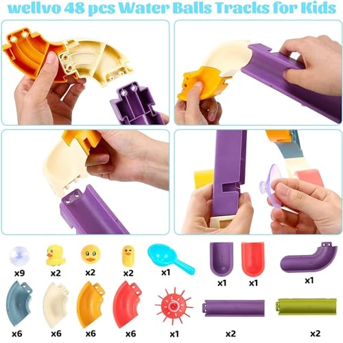AM ANNA DIY Bath Toys 48 pcs Water Balls Tracks with Suction Cups Toys for Kids 3-8 Years , Take-Apart Water Slide Toy Ball Track,Pool Bathroom Shower Set Gift Toys for boys girls