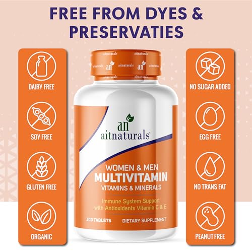 Aitnaturals Women and Men Multivitamin-300 Tablets| Enriched with Vitamin A, C, D, E, K, B12, Folate, Iron, Calcium, Magnesium, Biotin, Zinc, & Iodine | Support Immune System, Energy & Metabolism