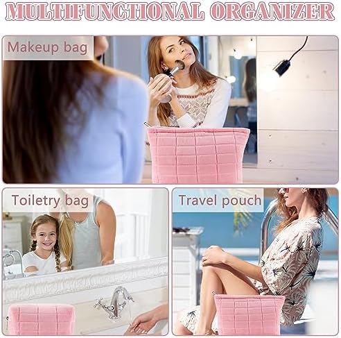 ZLFSRQ 3Pcs Checkered Makeup Bag for Women Large Cosmetic Bag Set Travel Toiletry Bag Makeup Pouch Bag for Purse Pink Zipper Storage Bag Organizer Cute Small Aesthetic Girls Car Essentials Bag