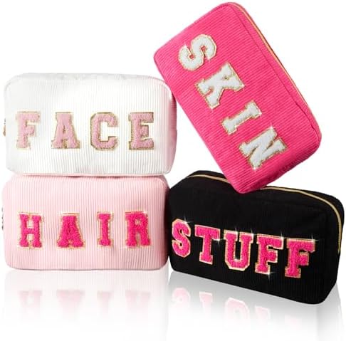Pinkunn 4 Pcs Preppy Makeup Bags Christmas Chenille Letter Bag Face Skin Hair Stuff Cosmetic Bag Corduroy Makeup Pouch with Zipper Birthday Gifts for Women(Purple, Pink, White, Blue,Corduroy)