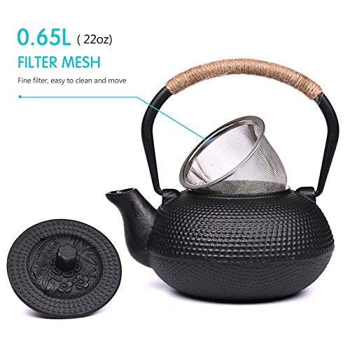 SUSTEAS Japanese Tetsubin Tea Kettle Cast Iron Teapot with Stainless Steel Infuser Black 650ml