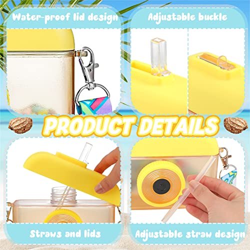 Honeydak 3 Pieces Cute Water Bottles with Straws Creative Kawaii Camera Shaped Ice Cream Bar Watermelon Adjustable Strap Plastic Water Bottle for Travel School Sport Kids (Fresh Style, Yellow)