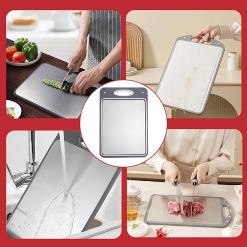SCARLEY Premium Double-Side using Cutting Board,Large 14×10 316 Stainless Steel Cutting Board Kitchen,Food-Grade Rice Husk Fiber Chopping Board with Knife Sharpener for Kitchen,Easy-Grip Handle
