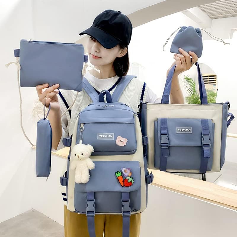 GGEROU Kids Backpack set 5Pcs Aesthetic School Bags,Aesthetic Backpack Cute Kawaii School Bag with Pendant Lunch Bag,Pencil Case,Handbag,Coin Purse