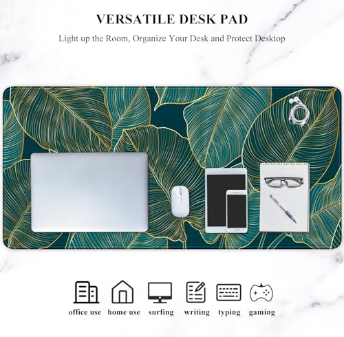 Auhoahsil Desk Mat, Ultra Large Mouse Pad, XXL Gaming Mousepad, Green Tropical Leaves Desk Pad, Big Extended Full Size Mouse Pad, Desktop Desk Matt for Keyboard, Laptop & Computer, 35.5 x 15.7 in
