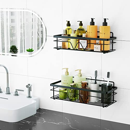 Vtopmart 5 Pack Shower Caddy Shelves Organizer with 4 Hooks, Stainless Steel Bathroom Self Adhesive Rack Storage Shelf for Inside Shower, Wall Organization, Black