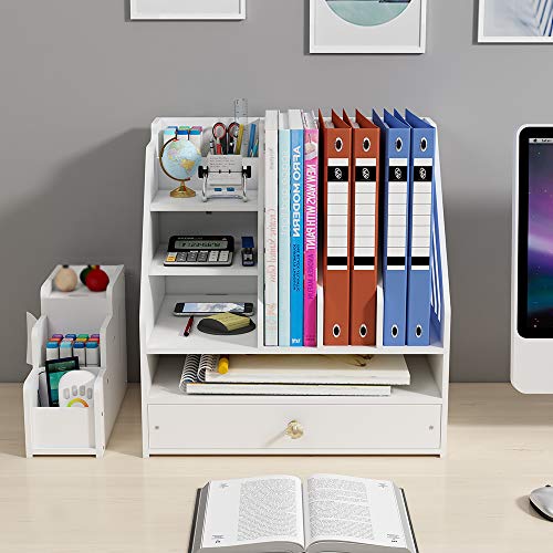 BlayaAdd Desk Organizer with Pen Holder, DIY White Office Stationery Desktop Storage Holder Sorter with Drawer for Home, Office and School (PB04)