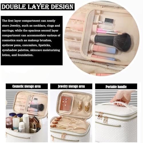 KASTWAVE Hanging Travel Toiletry Bag, Travel Makeup Bag and Jewelry Bag for Women, Large Make Up Bag Organizer Double Layer PU Toiletry Bags, for Traveling Women (White)