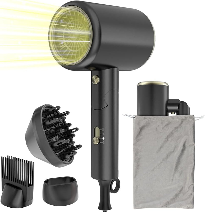 Oxsaytee 2400W Hair Blow Dryer with Diffuser, Foldable Mini Travel Hair Dryer, Ionic Hair Dryer With Storage Bag Bow Dryer for Curly Hair Fast Drying For Home Salon Travel (Black)