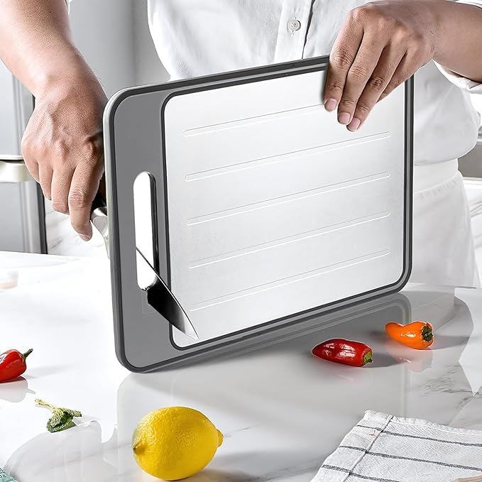 4-in-1 Multipurpose Double-Sided chopping & cutting board with Defrosting Tray, Grater & Knife Sharpener (31.1 x 21 cm).