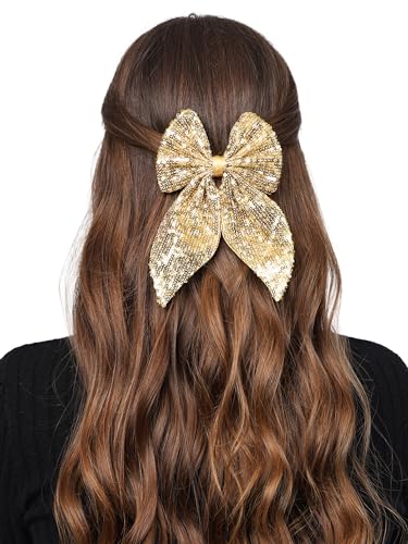 Radhu & Kabby Trendy Hair Bow for Women/Girls | Perfect for Special Occasions | Fancy & Stylish Hair Accessories | Anti-Hair Breakage | Glittery Golden Color | Same as pic | 1 Pcs