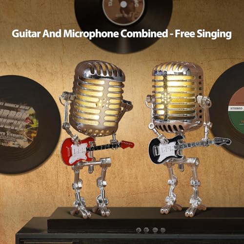 Xmpmrb Vintage Microphone Guitar Robot Lamp, Unique Design, White, Metal Plastic, LED, USB Powered, Tabletop, Bedroom, Energy Efficient