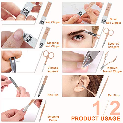 ORiTi Manicure Set Nail Clippers Pedicure Kit, Professional Rose Gold Stainless Steel Personal Grooming Kit, 18 in 1 Nail Care Tools with Luxurious Leather Travel Case (ROSE 18 PC SET)