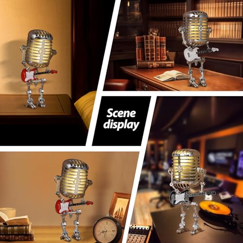 Xmpmrb Vintage Microphone Guitar Robot Lamp, Unique Design, White, Metal Plastic, LED, USB Powered, Tabletop, Bedroom, Energy Efficient