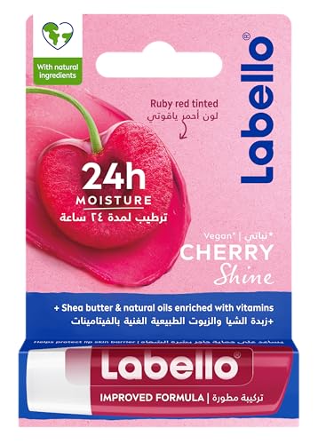 Labello Cherry Shine Lip Balm, 24H Melt-In Moisture, with Shea Butter and Natural Oils Enriched with Vitamins, with Natural Ingredients, Mineral Oil Free, Vegan, 4.8g