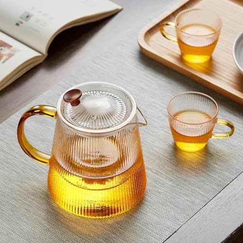 Glass Teapot Stovetop 800ML with Vertical Stripes, Borosilicate Clear Tea Kettle with Removable Filter Liner,Blooming and Loose Leaf Tea Maker Tea Brewer