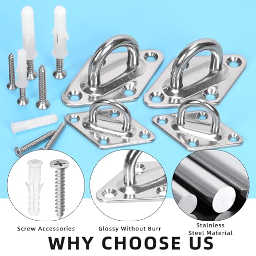 Glarks 36pcs M5 Stainless Steel Pad Eye Plate Hook Kit, Diamond Eye Plate U Hooks Heavy Duty Ceiling Hooks and Carabiner Clips Snap Hook for Ceiling and Mounting Hanging Hardware