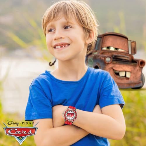 ACCUTIME Cars Kids' Analogue Watch with Silver-Tone Casing, Red Bezel, Red Strap - Official Cars Lightning McQueen Character on the Dial, Time-Teacher Watch, Safe for Children - Model: CZ1009