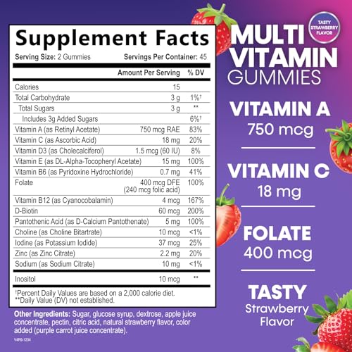 Multivitamin Gummies for Adults, Daily Gummy Vitamin for Women & Men, Immune Support Gummy Multivitamins Supplement, Adult Multi Vit Vitamin with Vitamins A, C, D, E, B-6, B-12, Zinc - 90 Gummies