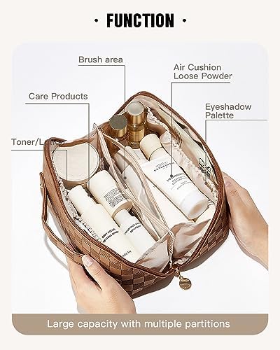 EACHY Travel Makeup Bag,Large Capacity Cosmetic Bags for Women,Waterproof Portable Pouch Open Flat Toiletry Bag Make up Organizer with Divider and Handle